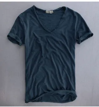 2020 sommeren afslappet T-shirt i ren bomuld slub åndbar retro ensfarvet V-hals, korte ærmer 0