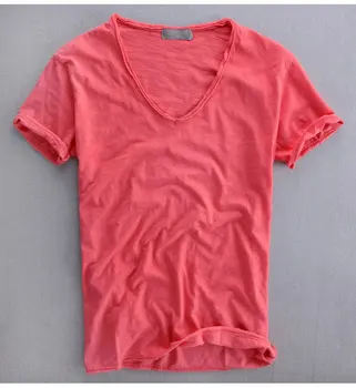 2020 sommeren afslappet T-shirt i ren bomuld slub åndbar retro ensfarvet V-hals, korte ærmer 1