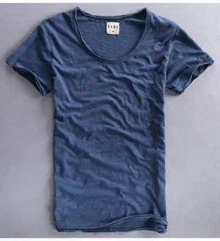 2020 sommeren afslappet T-shirt i ren bomuld slub åndbar retro ensfarvet V-hals, korte ærmer 2