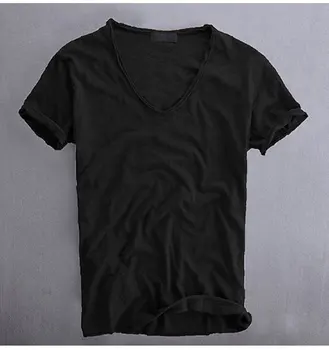 2020 sommeren afslappet T-shirt i ren bomuld slub åndbar retro ensfarvet V-hals, korte ærmer 5