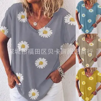 2020 sommeren nye Europæiske og Amerikanske chrysanthemum print, rund hals og 3/4 ærmer T-shirt plus size kvinder 2401
