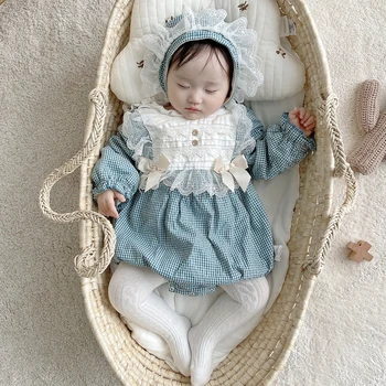 2021 Baby Pige Plaid Rompers med Hat Spædbarn Lange Ærmer Lotia Bomuld Bobler Fleece Liner Nyfødte Fødselsdag Spanien Stil Tøj 0