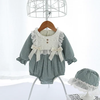 2021 Baby Pige Plaid Rompers med Hat Spædbarn Lange Ærmer Lotia Bomuld Bobler Fleece Liner Nyfødte Fødselsdag Spanien Stil Tøj 1