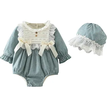 2021 Baby Pige Plaid Rompers med Hat Spædbarn Lange Ærmer Lotia Bomuld Bobler Fleece Liner Nyfødte Fødselsdag Spanien Stil Tøj 2