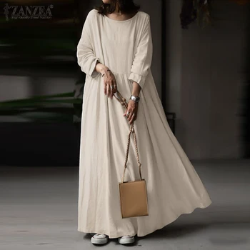 2021 Kvinder Sundress ZANZEA Efteråret Vintage Elegante Lange Maxi Kjole Plus Size Baggy Lange Ærmer Fast Kaftan Femme Kjole Vestidos 4