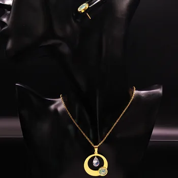 2021 Mode Krystal, Rustfrit Stål Smykker Sæt Kvinder Earings Halskæde Guld Farve Dubai Smykke Sæt pendientes mujer S178485 2