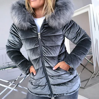 2021 Mode Pels Krave Bomuld Jakke Kvinder Polstret Vinter Coat Black Hood Warmness 4XL Kvinders Frakker Plus Size Parkacoats Outwear 2