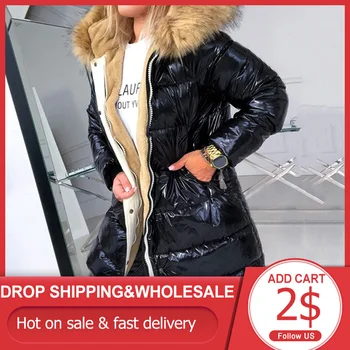 2021 Mode Pels Krave Bomuld Jakke Kvinder Polstret Vinter Coat Black Hood Warmness 4XL Kvinders Frakker Plus Size Parkacoats Outwear 4