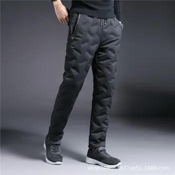 2021 mænd ' s nye plus fløjl tyk ned bukser unge solid farve lige lace-up elastisk ned bukser