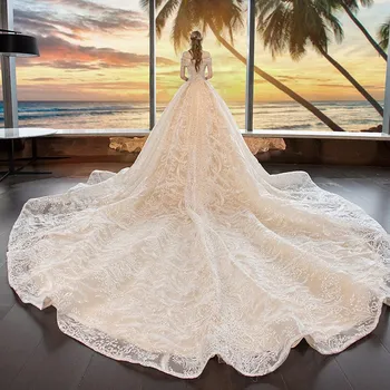 2021 Nye Elegante Båd Hals Luksus Lace Broderi Sweep Train Wedding Dress Prinsesse Ædle Vestido De Noiva Plus Size F 3