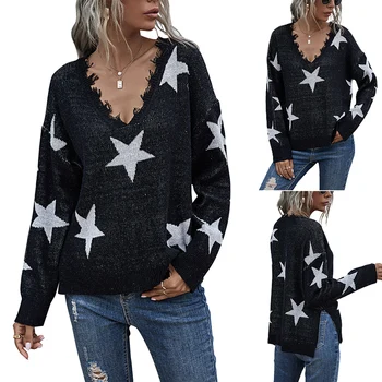 2021 Nye Womens Sweater Med V-Hals Lange Ærmer Pullover Mænds Foråret Casual Pullover Kvindelige Stjerne Udskrivning Strikket Toppe 1