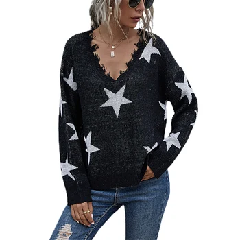 2021 Nye Womens Sweater Med V-Hals Lange Ærmer Pullover Mænds Foråret Casual Pullover Kvindelige Stjerne Udskrivning Strikket Toppe 2