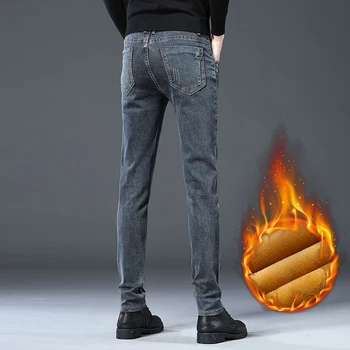 2021 Vinter Nye Mænd er Varmt Skinny Jeans i Klassisk Stil og Business Casual Grå Denim Elasticitet Bomuld Tykke Bukser 27-38 1