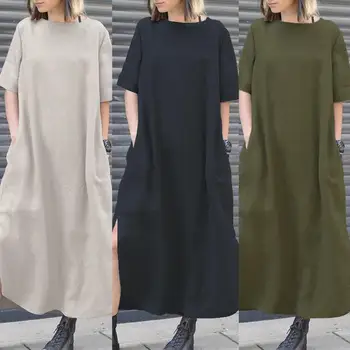 2021 ZANZEA Kvinders Split Sundress Kaftan O Hals Robe Femme Afslappet O Hals Sommer Maxi Vestido Kvindelige Solid Maxi Kjole Plus Størrelse 2