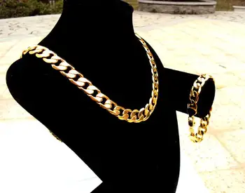 24k Stemplet Solid Guld Finish Iced Hip Hop Kæde Armbånd Herre Miami Cubanske Halskæde 12mm bredt Sæt 4