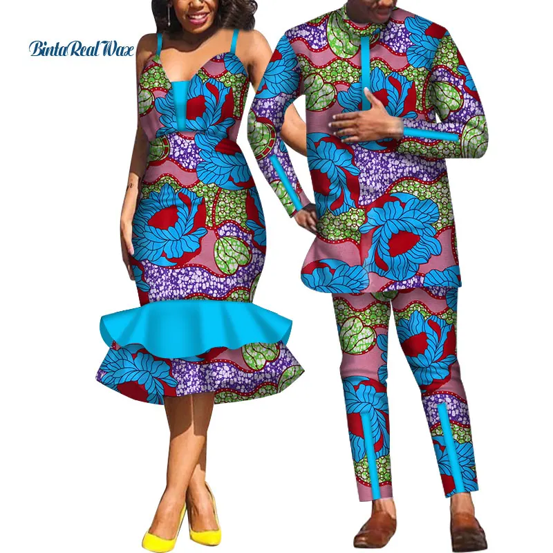 Afrikanske Kjoler til Kvinder Bazin Herre Skjorte og Bukser Sæt Elsker Par Tøj Print Slynge Kjole Afrikansk Design Tøj WYQ532 1