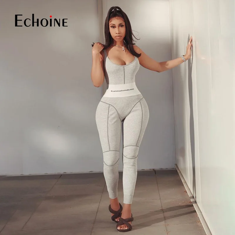 Echoine brev print kvinder lang Jumpsuits med sportstøj tynde trænings-og sexet ærmeløs stribet ryg-streetwear tøj activewear 1