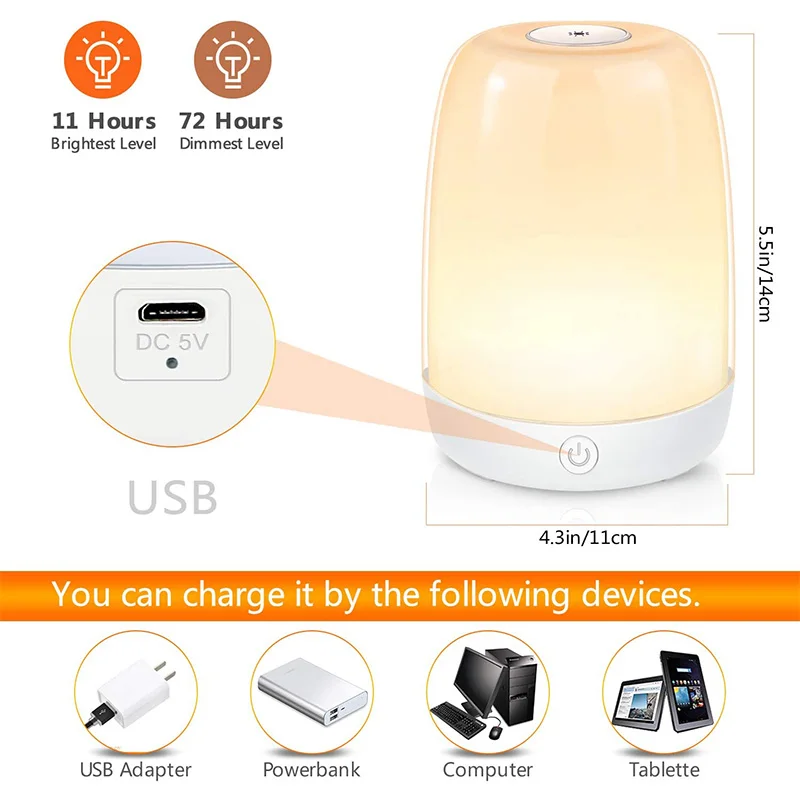 LED Nat Lys Touch Sensor-LED sengelampe 6 Farver Justerbar USB-Nat Lys til Soveværelse, Stue, Kontor Børn Gave 1
