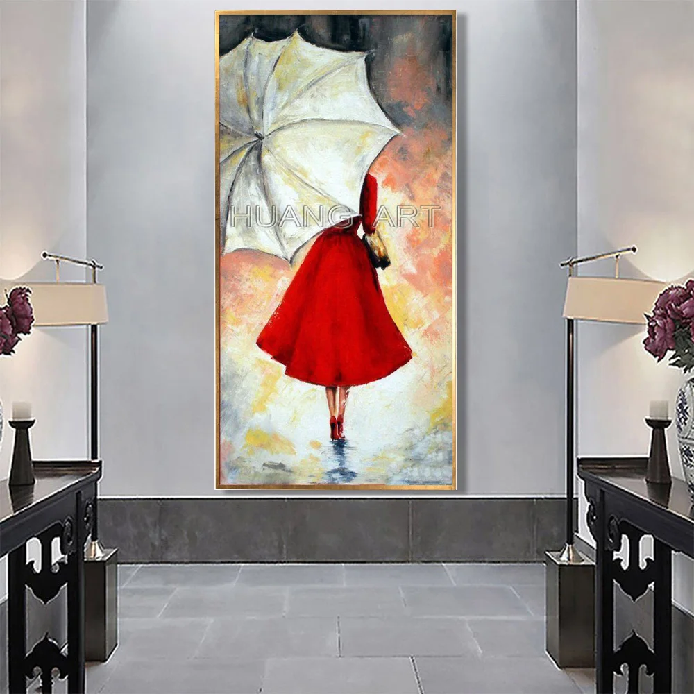 Ren Hånd-malet af den smukke Pige i Rød Nederdel Holder Paraply Olie Maleri på Lærred til Indretning Regnfuld Dag Landskab Figur Maleri 1