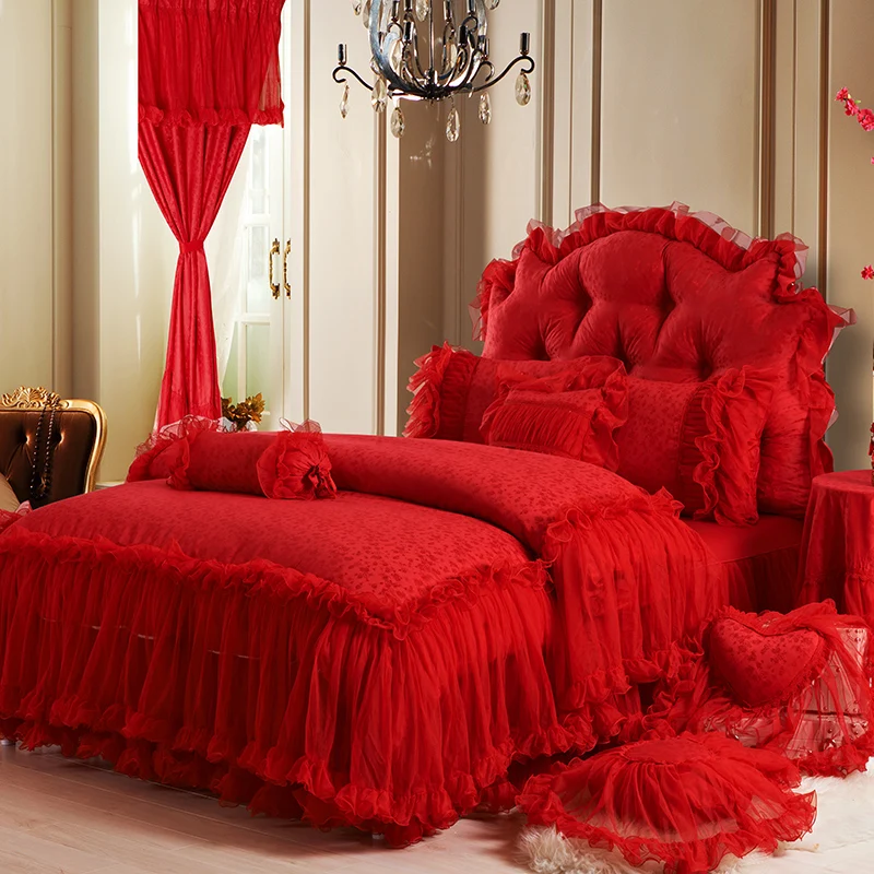 Rød Pink Luksus-Lace Wedding Strøelse sæt King-værelse med Queensize-Seng Sengetæppe bed nederdel sæt Dekoration Duvet cover sæt sengetøj 1