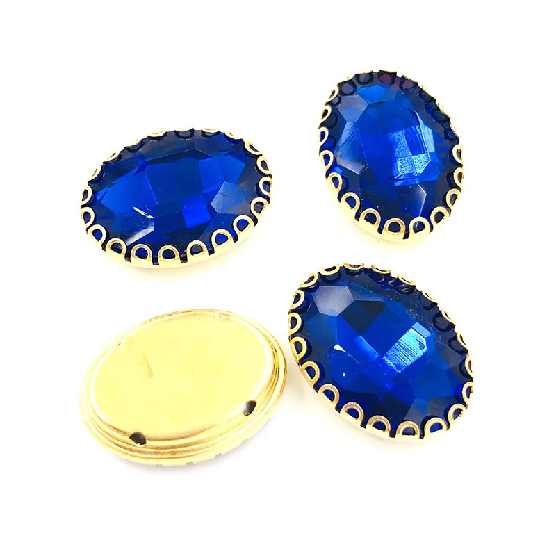 Royal blå oval glas krystal sy på rhinestones guld bunden lacy form kløer 6X8/8X10/10X14/13x18mm Diy tilbehør til beklædningsgenstande 1