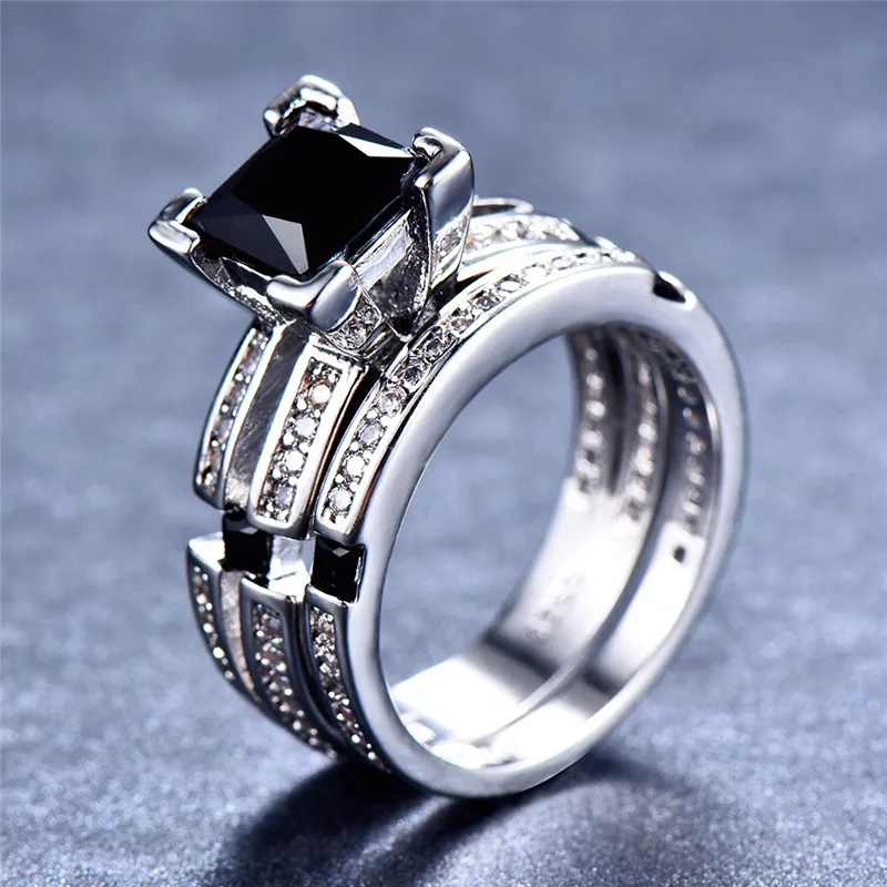 Mand Kvinde Black Stone Ring Sæt Elsker Zircon Ring Fashion Sølv Farve Fyldt Smykker Løfte Engagement Ringe Til Mænd Og Kvinder 1
