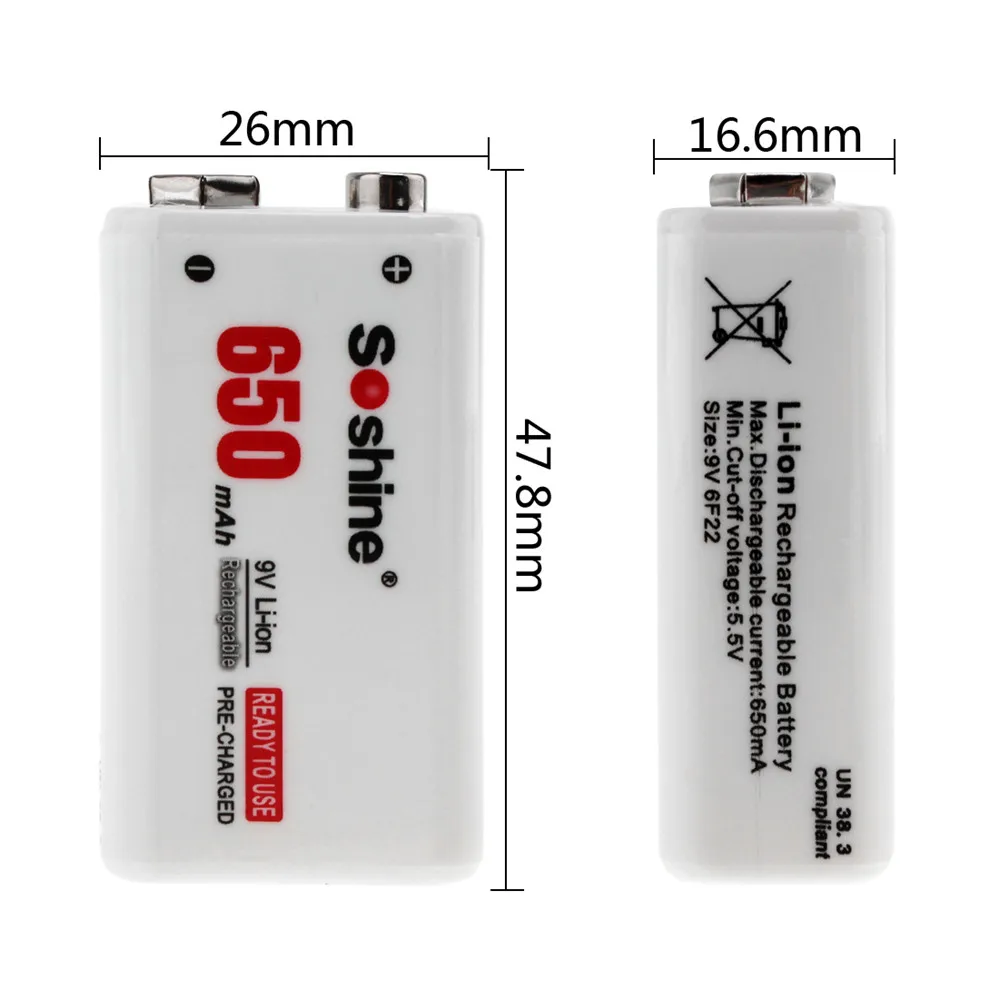 2stk Soshine 9V Høj Kapacitet 650mAh Li-ion Genopladeligt Batteri Batería Baterias + Bærbar Batteri Box 1