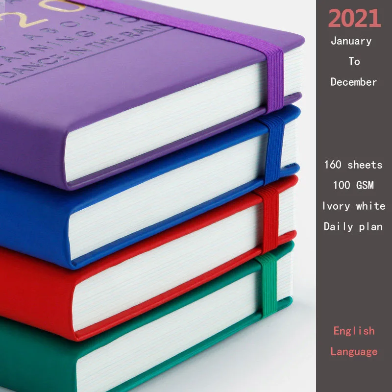 Dagsorden 2021 Dagbog Planner Engelsk Notebook Nye Mode Jan-Dec Tykkere A5 Læder Soft Cover Skole Effektivitet Tidende 1