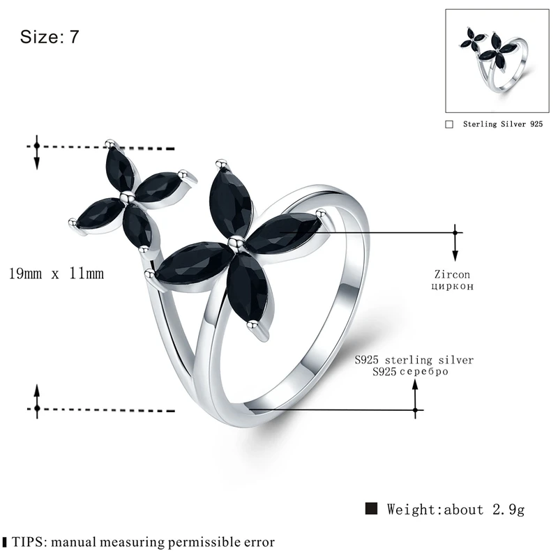 Romantiske Blomst 2,9 g 925 Sterling Sølv Fine Smykker Blomst Engagement Sort Spinel Engagement Ring for Kvinder G032 1