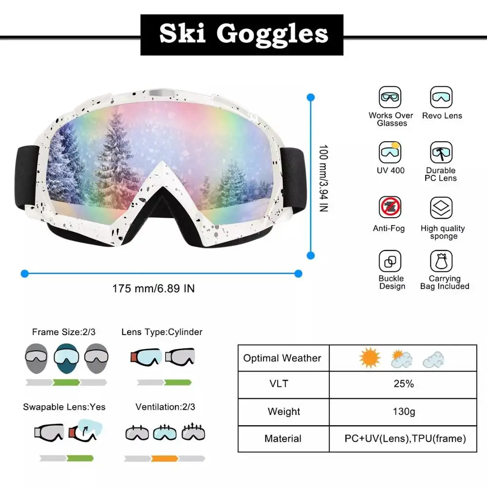 Kvinder Mænd Ski Goggles Dobbelt Lag UV-Snowboard Goggles Vinter Vindtæt Anti-Fog Beskyttelse Ski Maske, Briller Brillerne D30 1