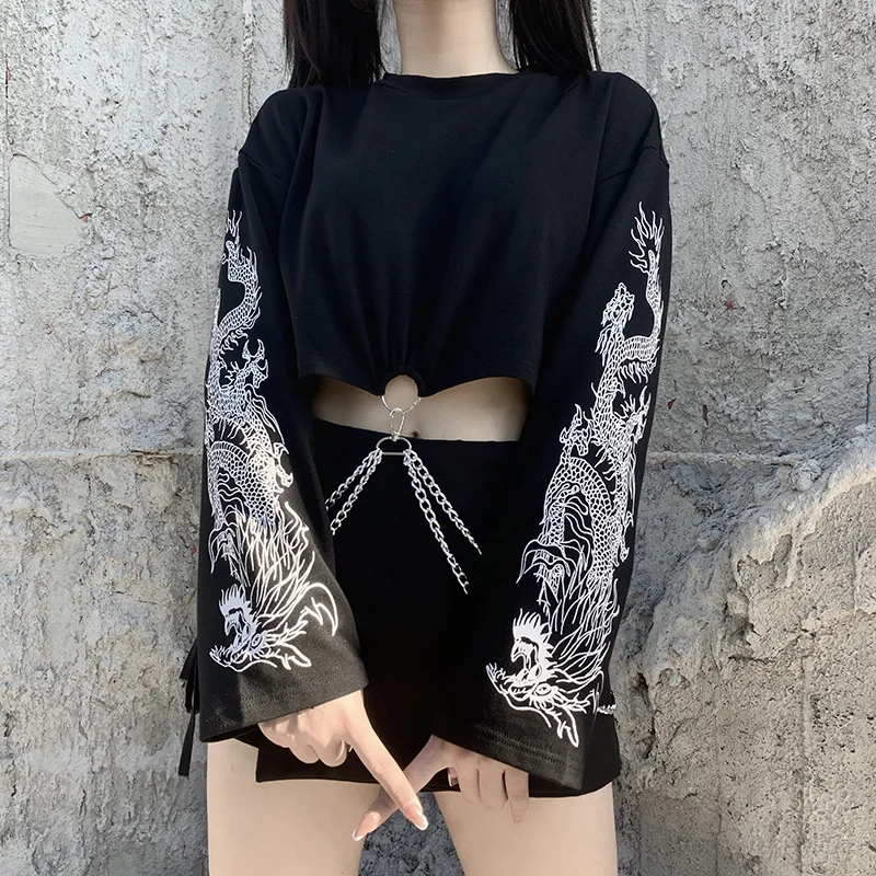 Streetwear Dragon Udskrivning Toppe Kvinder Casual Sort Trøje med Jern Kæde Punk Gotisk Tøj Vilde Shirts Kvindelige Efteråret Afgrøde T 1