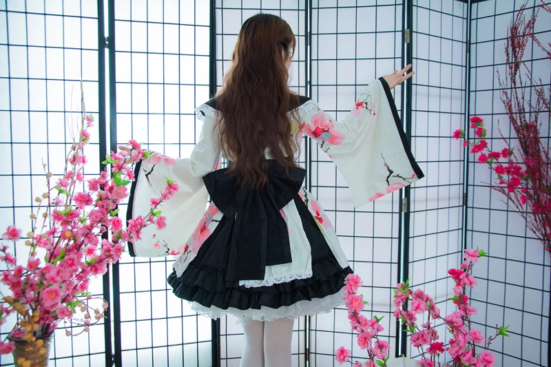 Shanghai Historie Bomuld Blomst Udskrivning Blonde Kant Yukata Kimonoer Stuepige Kjole Animationsfilm Lolita Sæt Meidofuku Uniform Outfit 1