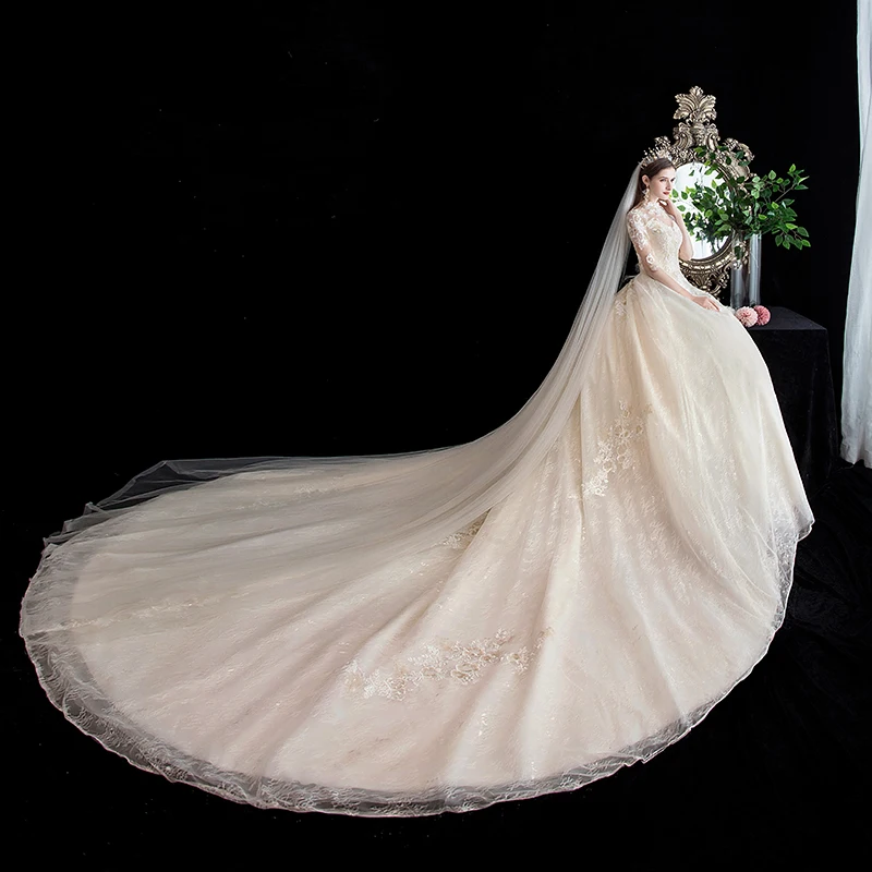 Mode Elegant Høj Hals Luksus Lace Muslimske Bryllup Kjole 2020 Ny Champagne lange tog Applique prinsesse Brud Robe De Mariee 1