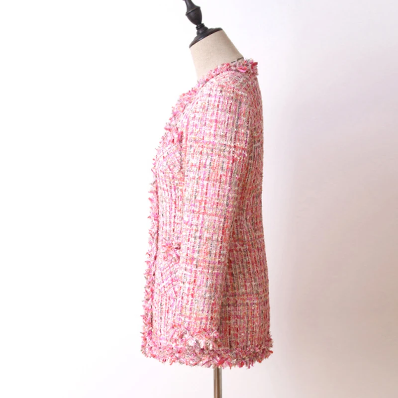 Pink paillet tweed jakke i lange afsnit 2020 efterår/vinter Kvinders pels jakke Haute Couture damer frakke 1