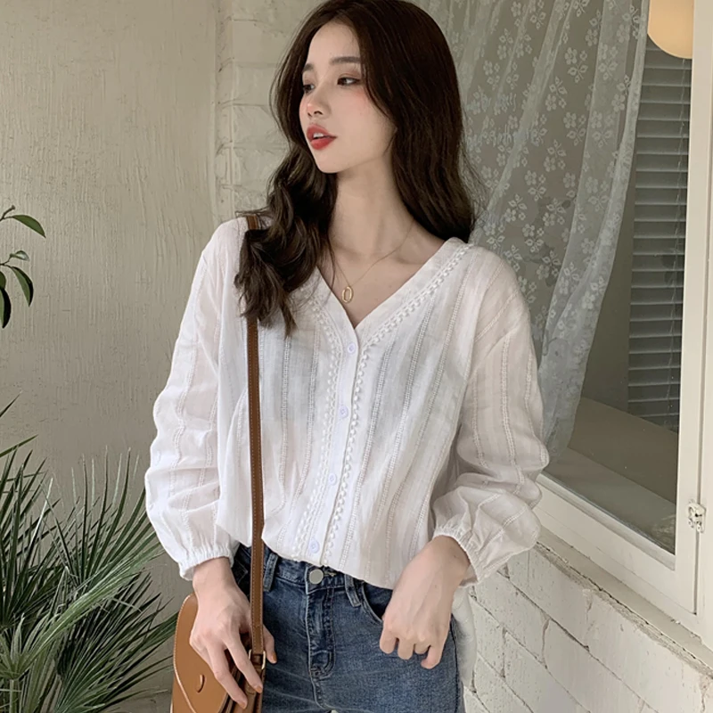 V-hals Lace Shirt Solid Bomuld Kvinder Toppe og Bluser 2021 koreansk Stil Sød Enkel Skjorte Kvinder Kontor Dame Toppe Nye 10914 1
