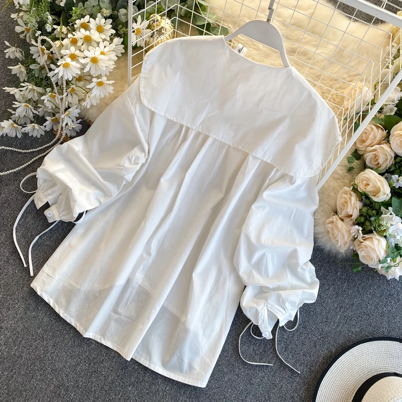 2020 Foråret Nye koreanske Løs Skjorte Bluse Kvinders Design Niche Snor Plisserede Puff Ærmer Stor Tur Down Krave Top ML768 1