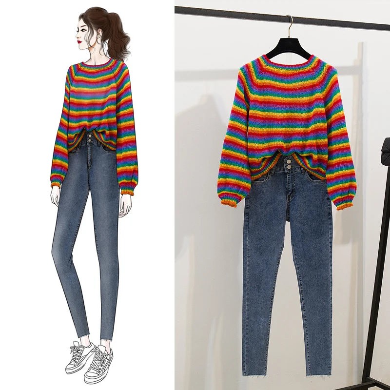 Rainbow Stribet Sweater Kvindelige Efteråret Koreansk Mode Kvinder 2 Stk Sæt Løs Frakke Stramme Elastiske Høj Talje Jeans To-Stykke Tøj 1