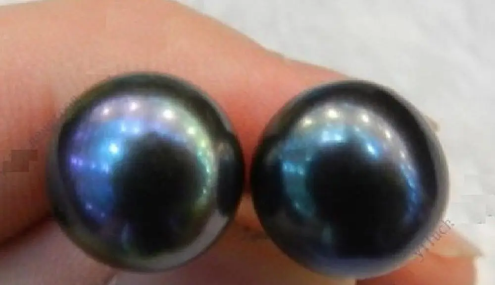 Gratis levering Et par af naturlige AAA-11-12mm sort tahitian pearl øreringe 14k/20 Guld # 1