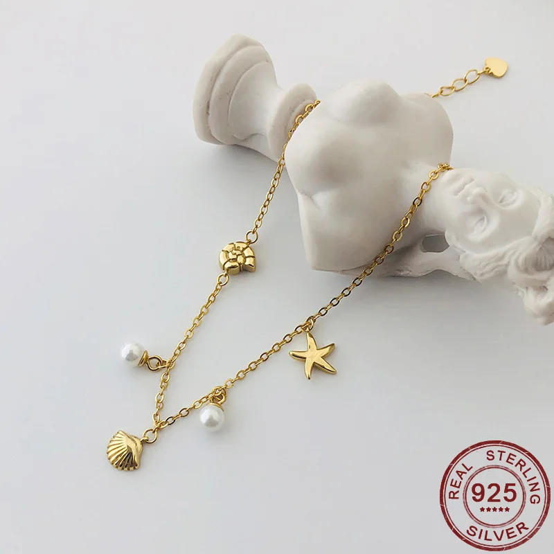925 Sterling Sølv Shell Søstjerner Pearl Conch Ocean Element Charme Armbånd Hånd Smykker til Kvinder Guld Farve Tilbehør 1