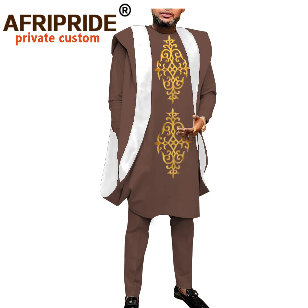 Afrikanske Tøj til Mænd Dashiki Broderi Agbada Robe Plus Size Dashiki Udstyr, Jakker, Skjorter og Bukser, 3 delt Sæt A2016044 1