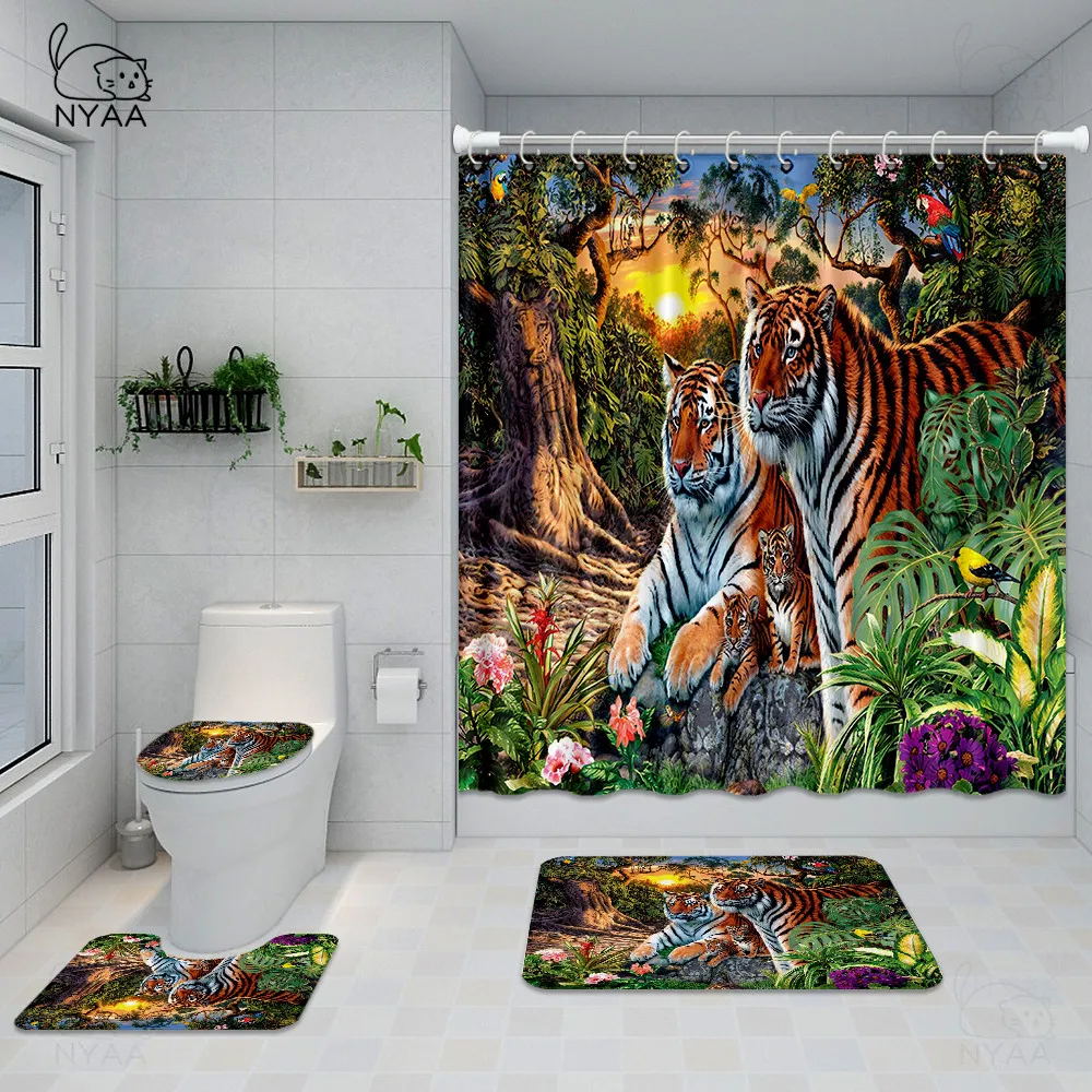 NYAA 4 Stk/Sæt Elefant,Tiger,Flamingo, Løve badeforhæng Badekar Tæppe Sæt Toilet Dække bademåtte Badeværelse Tilbehør Sæt Gardiner 1