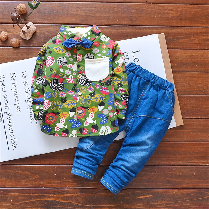 Efteråret Kids Tøj Sæt herre Tøj 2 stykker Drenge Tøj Sæt børnemode Plaid, der Passer Baby slips t-shirt + jeans 1