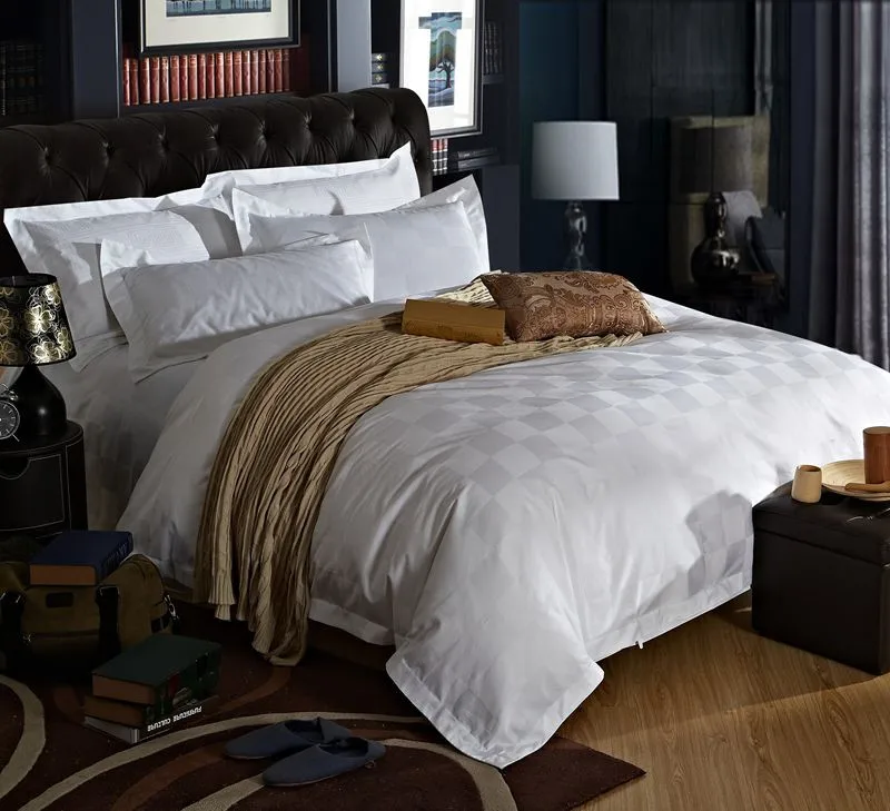 100s bomuld stribe, hvid satin silke sengetøj i Hvid hotel konge dronning sengetøj sæt 4stk dynebetræk lagen, pude sæt humbug 1