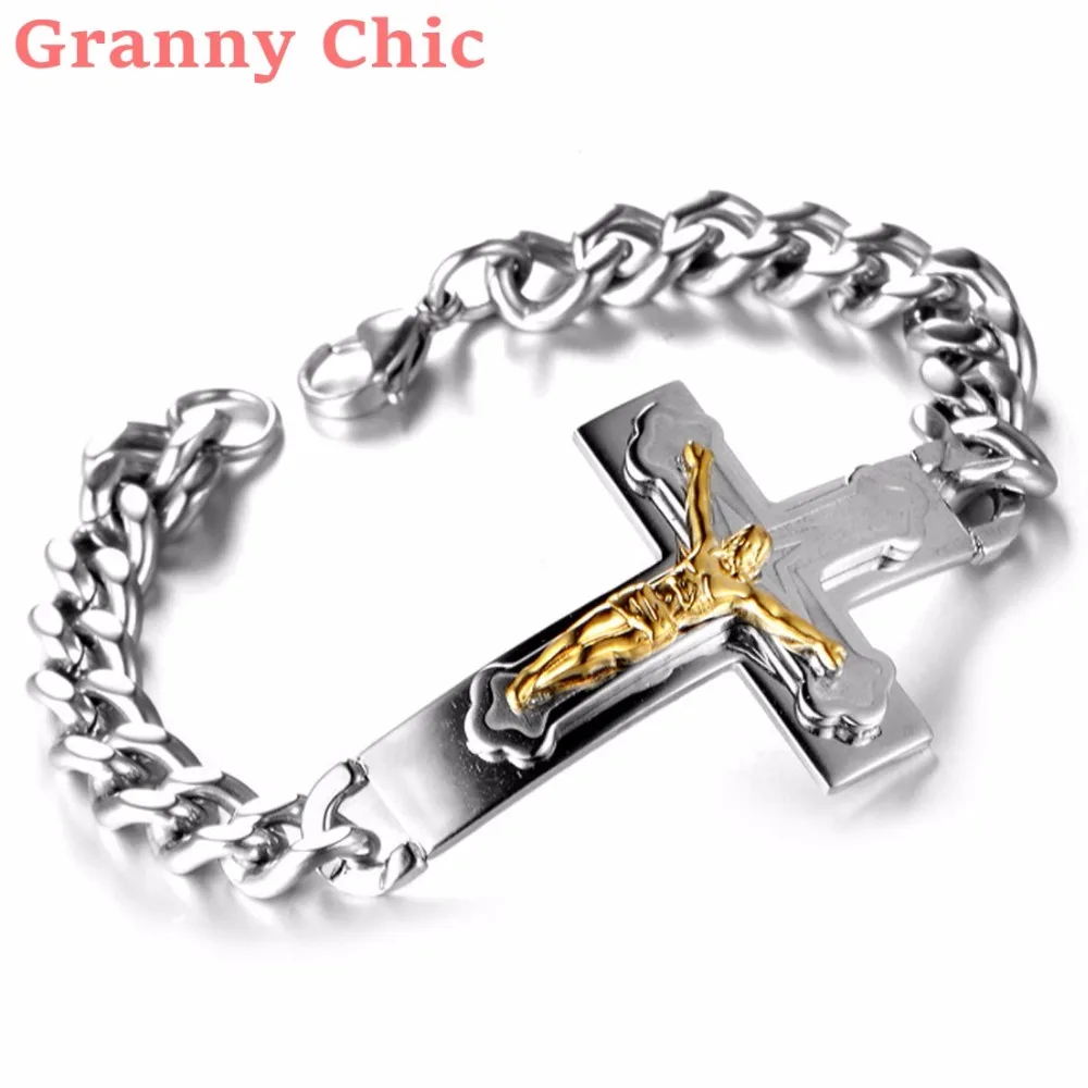 Granny Chic Mode Sølv Guld farve på tværs Jesus armbånd armbånd rustfrit stål herre dame Manchet armbånd bøn Hånd Kæde 1
