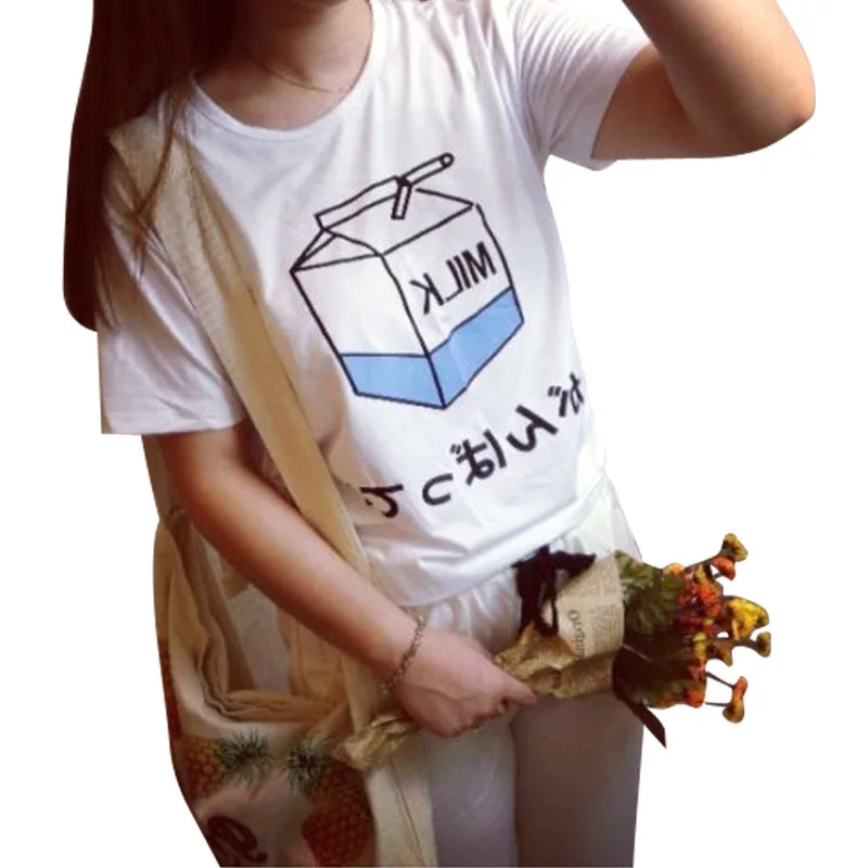 Mælk, Juice Japanses Æstetiske Grunge Søde Tegneserie T-shirt Kvinder Harajuku Kawaii Pink Sommeren Afslappet Tumblr Tøj Fashion T-shirt 1
