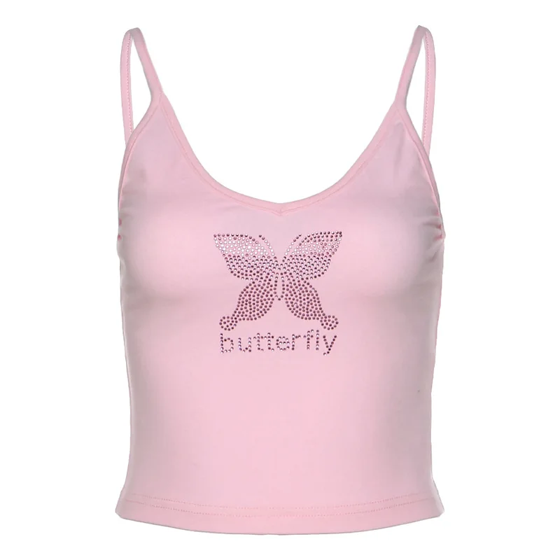 ArtSu Diamant Bodycon Bomuld Pink Toppe Kvinde Butterfly Sød Tank Top Harajuku Grundlæggende Camisole Off Skulder Vest Sommeren ASVE21258 1