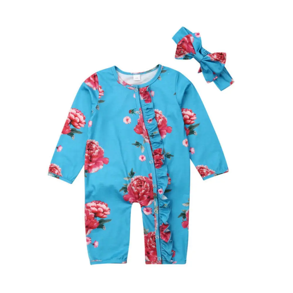 2stk Nyfødte Baby Pige Tøj med Lange Ærmer Blomster Romper Buksedragt Efterår Outfit 1