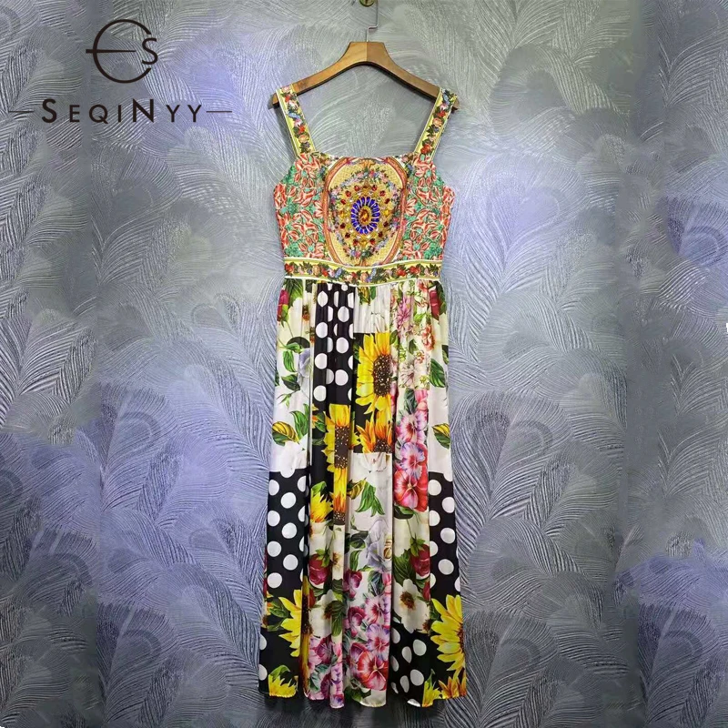 SEQINYY Sicilien Stil Kjole 2021 Sommer Forår Nye Mode Design til Kvinder Vintage Solsikke Print Perlebesat Høj Kvalitet Stropløs 1