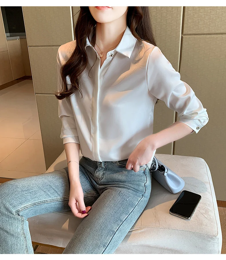 Foråret koreansk Mode Silke Kvinder Bluser Satin Solid Dame Toppe og Bluser Plus Størrelse XXXL Kontor Dame langærmet Shirts Kvinder 1