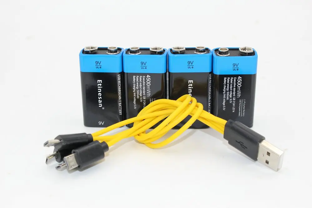 4STK Etinesan 9V 4500mWh lithium-ion li-polymer genopladelige batterier + USB-oplader-kabel-sæt 1